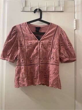 Liv Los Angeles Pink Eyelet Puff Sleeve Button-Front Top Juniors Large